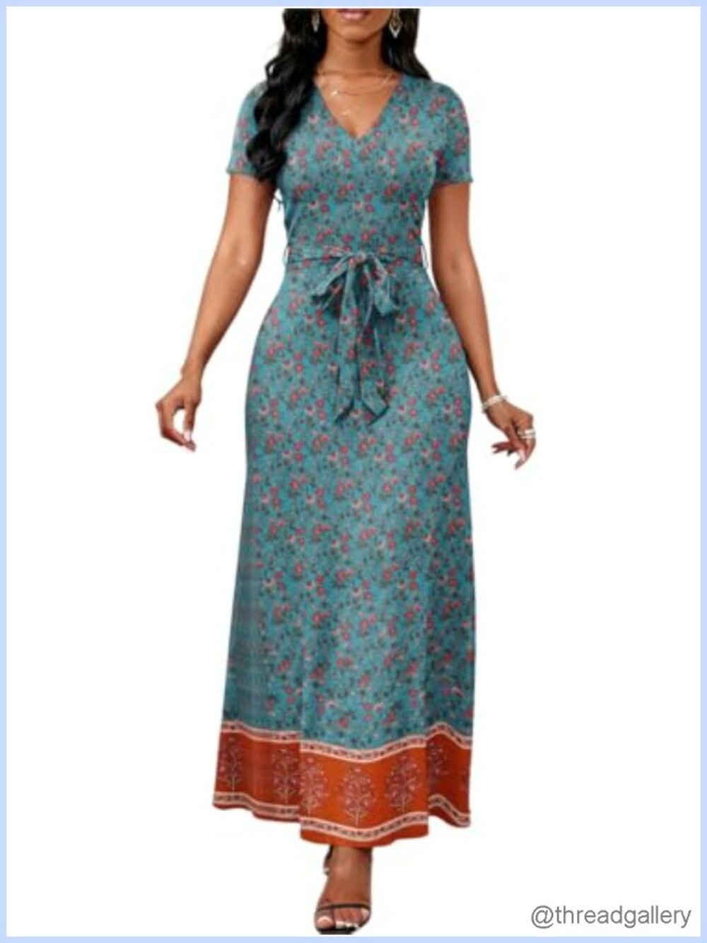 Women's Boho Floral V-Neck Short Sleeve Tie Waist Maxi Dress